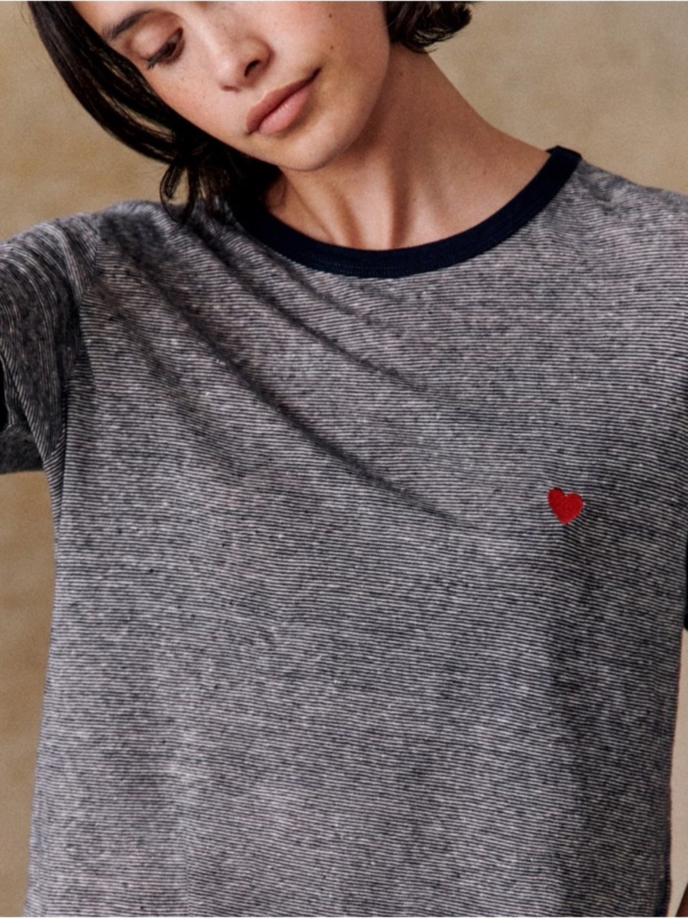 Sezane Valentina T-Shirt Navy/White Stripe with Red Heart Embroidery